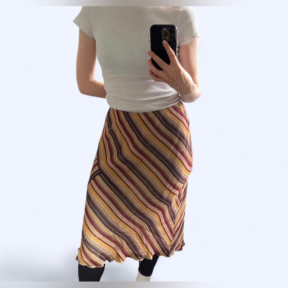90s Nine West Womens Retro Brown Striped Silk Ruffle Hem Midi A-Line Skirt Large - Picture 4 of 13